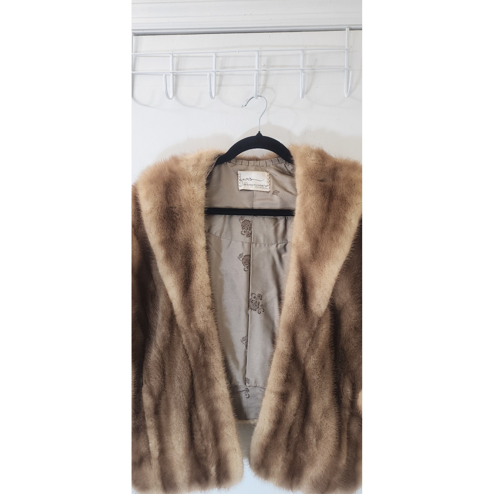 VTG Burdine’s of Florida Mink Fur Stole Jacket Brown Cuffed Sleeve Shawl Coat