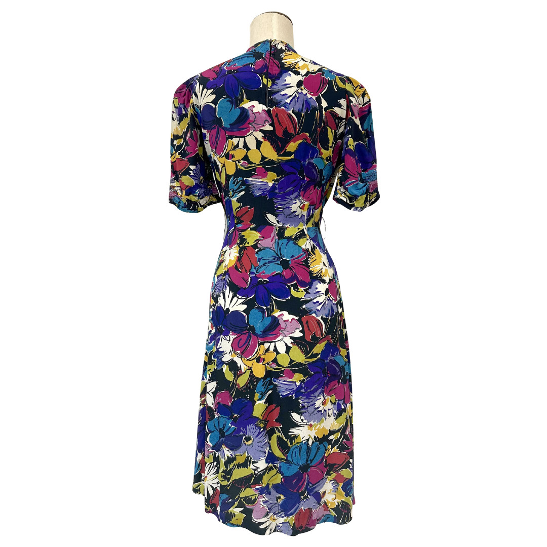 Vintage 1940s Rayon Jewel Toned Screenprinted Floral A-line Day Dress