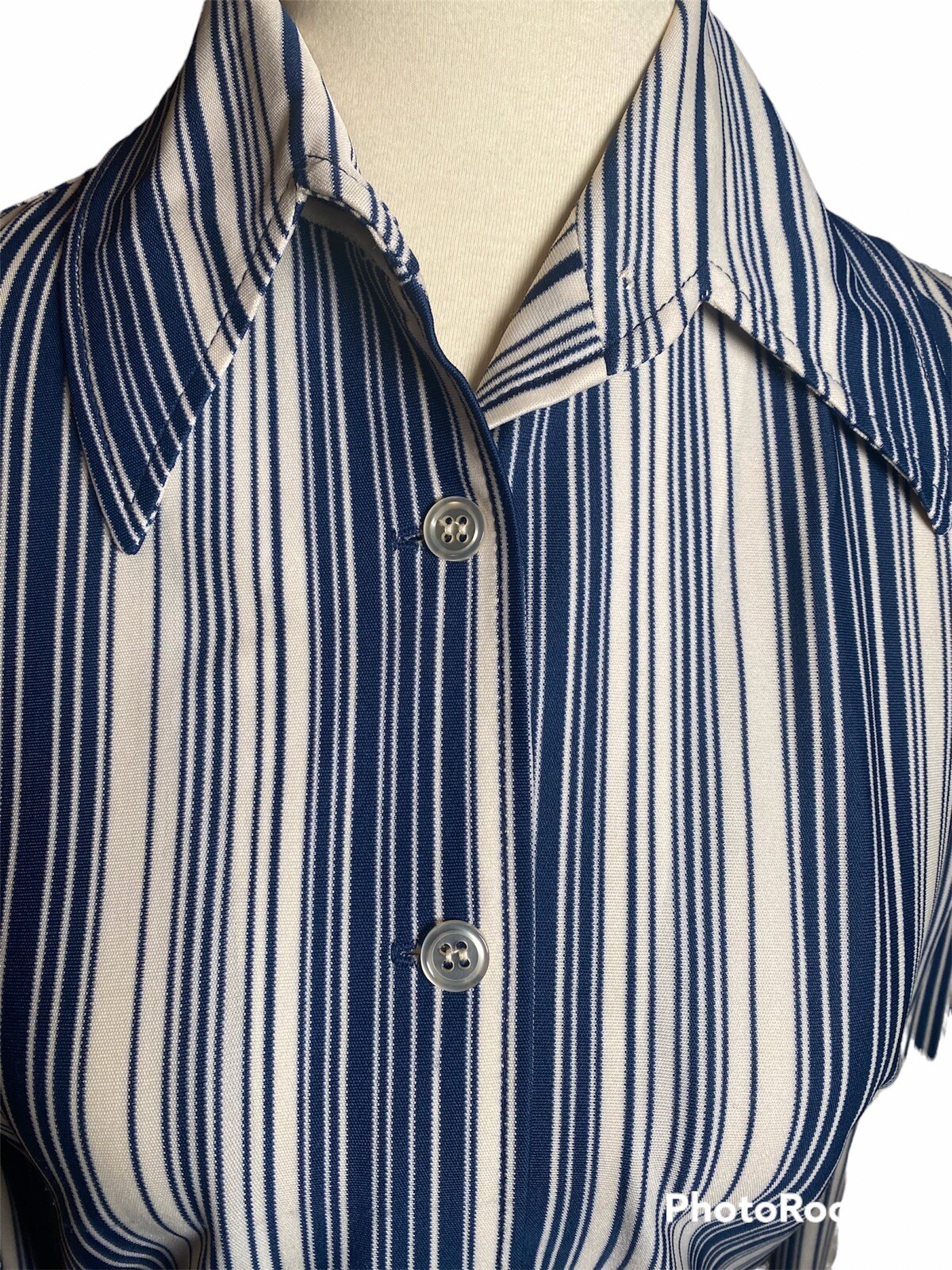 vintage 70s Blue and White Striped Button Down with Clear Buttons. size 8.