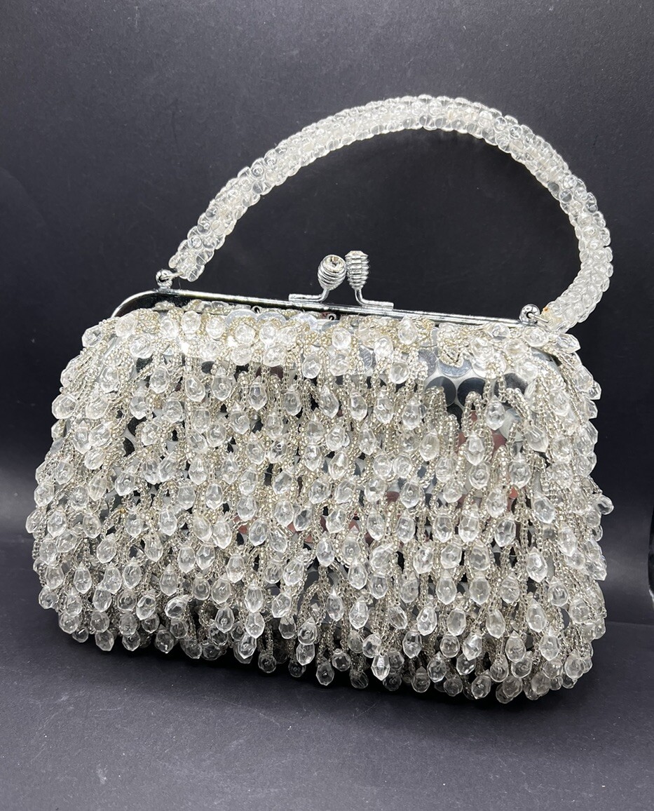 Vtg Beaded HandBag Silver & Clear Evening Purse Hong Kong Prom Wedding 60s 70s