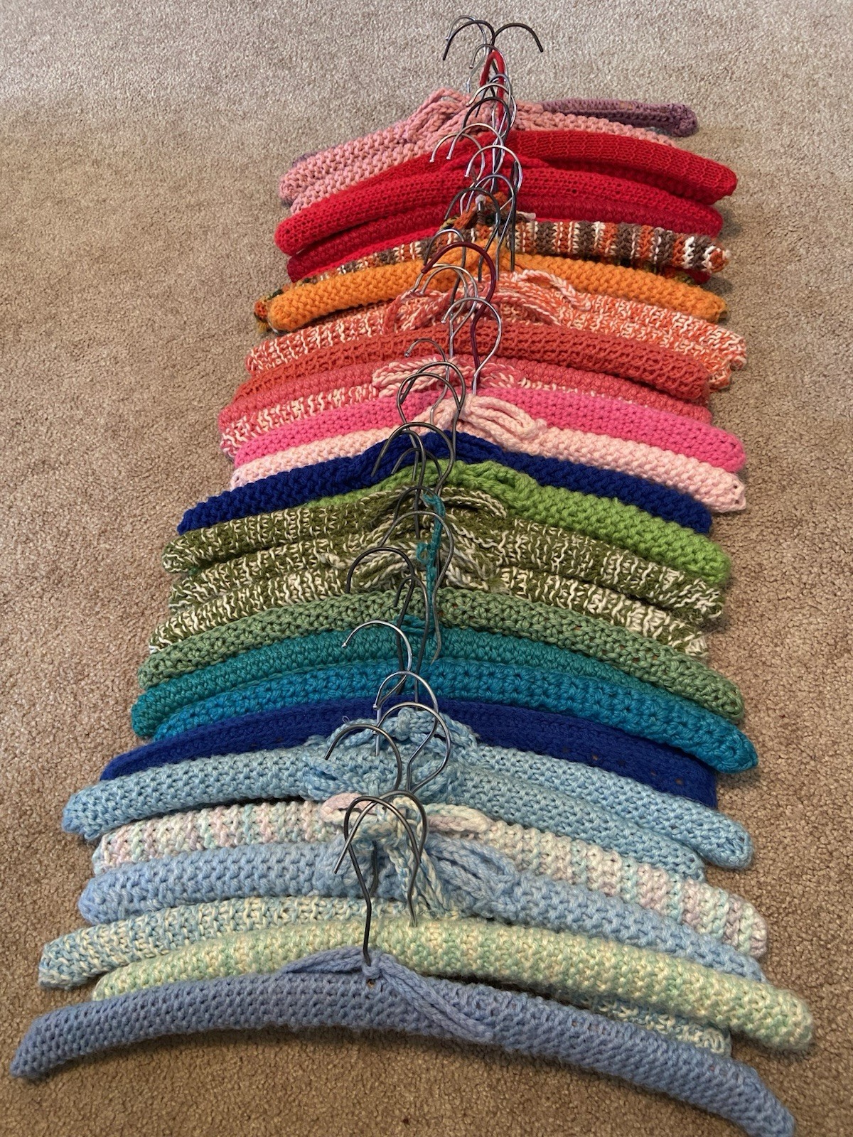 Vintage Crochet Covered Wooden Hangers Lot of 32 Assorted Colors