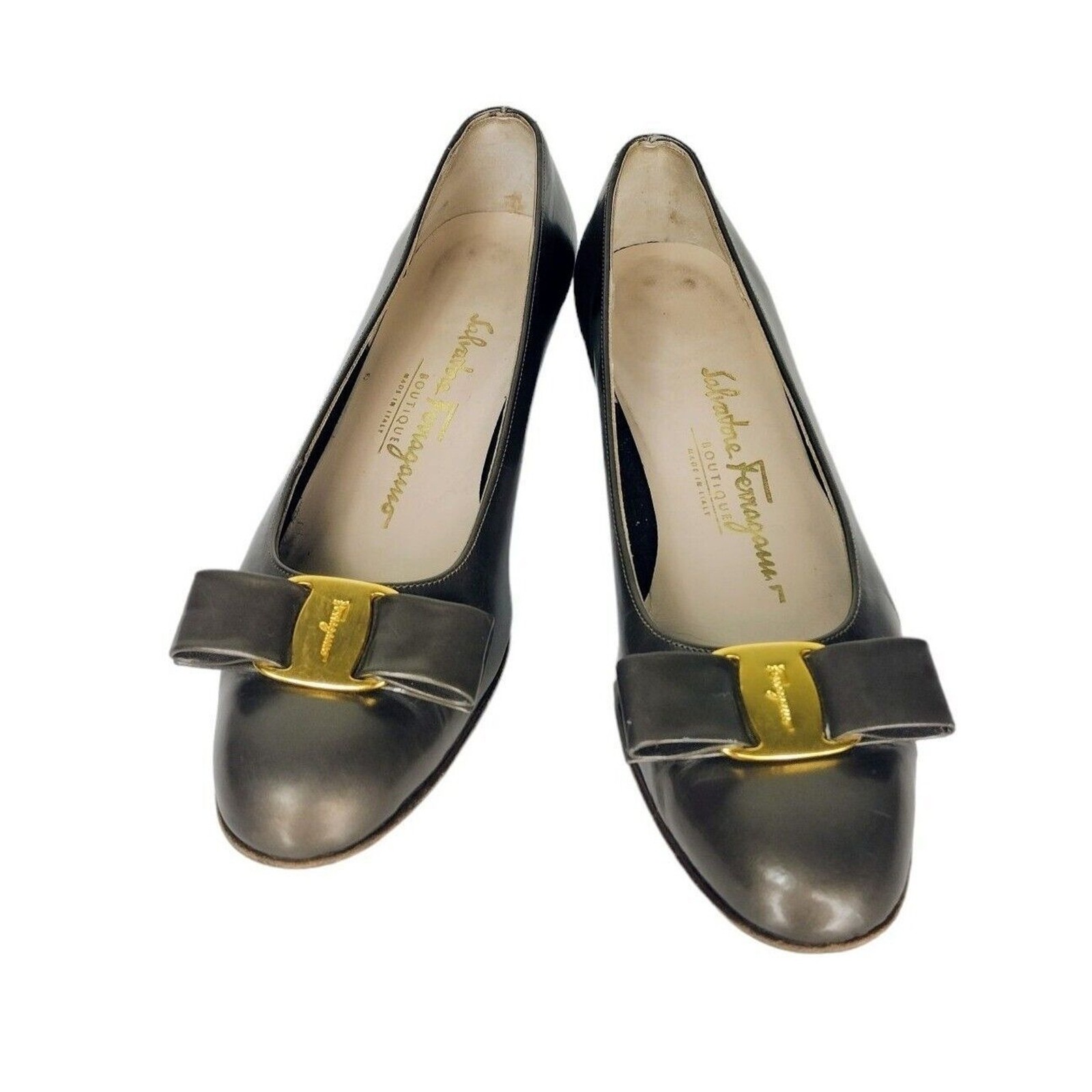 Salvatore Ferragamo Vintage 338 Lillaz Vara Pearled Bronze Leather Bow Pumps