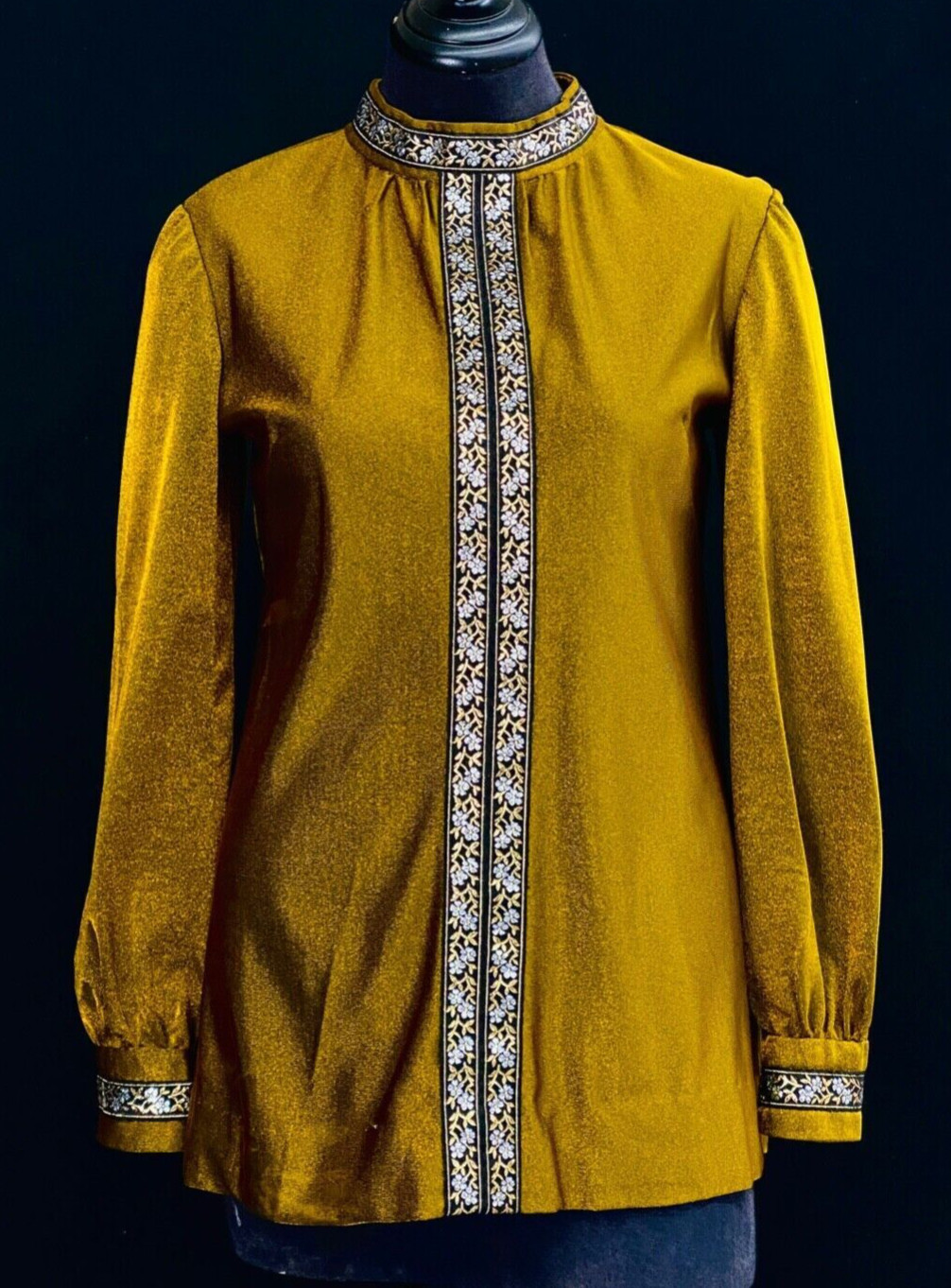 Vintage 1960s gold metallic tunic top shirt long sleeve high neck floral S M