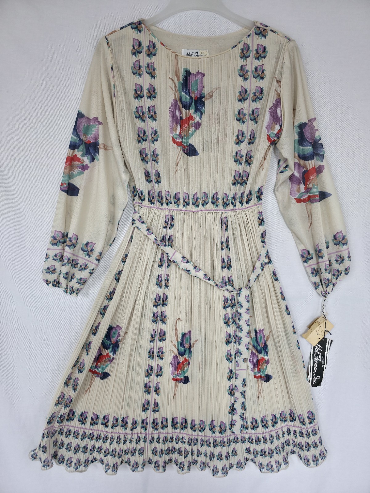 ’70s Union USA Hal Ferman Midi Dress Ivory Floral Micro Pleated Sheer Chiffon