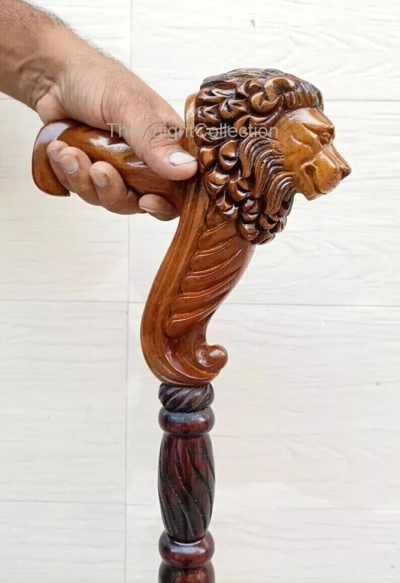 Hand Carved Lion Head Handle Wooden Walking Stick Handmade Walking Cane Gift