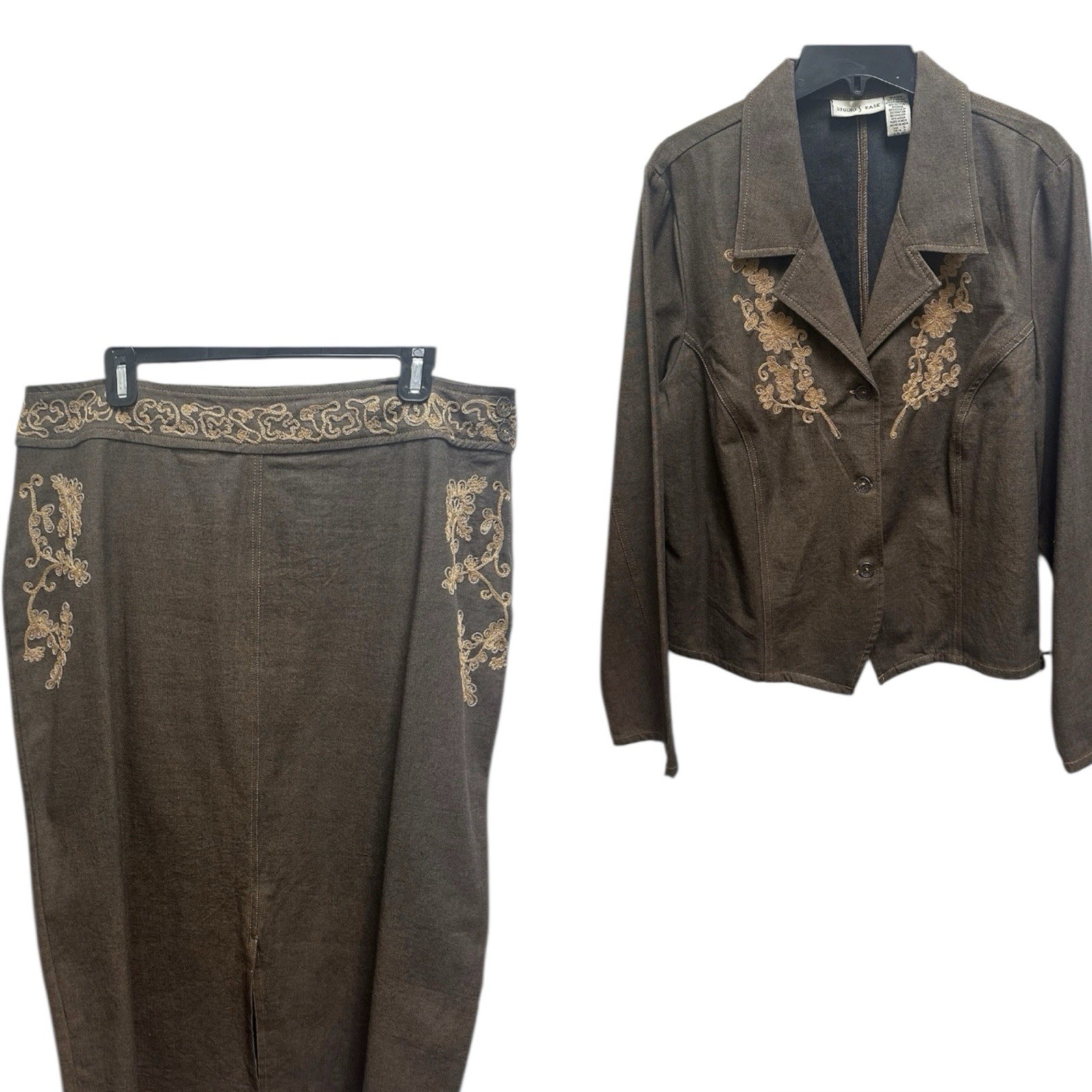 Vtg Studio Ease 2 Piece Brown Embroidered Suit Western Boho Embroidered Size 16