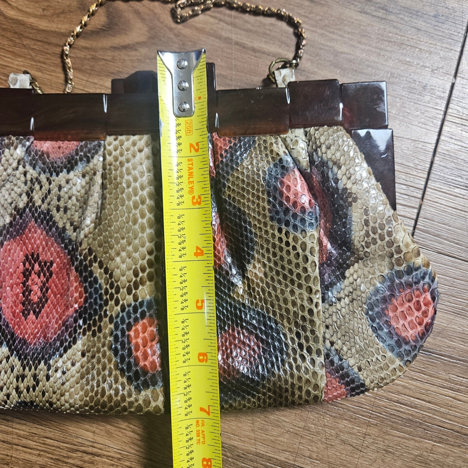 VTG 60s 70s Bags by Varon Exotic Snakeskin Clutch Tortoise Frame Chain Art Deco