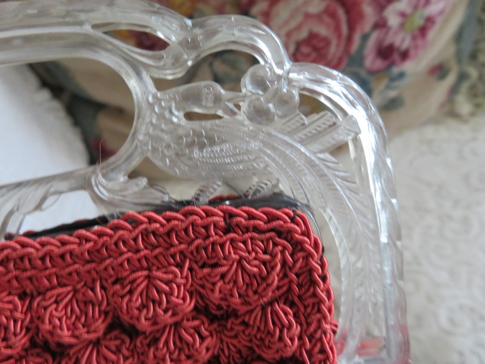2 Vintage Crochet Purses 1 w peacock Celluloid Handle 1Baby Pink Victorian Purse
