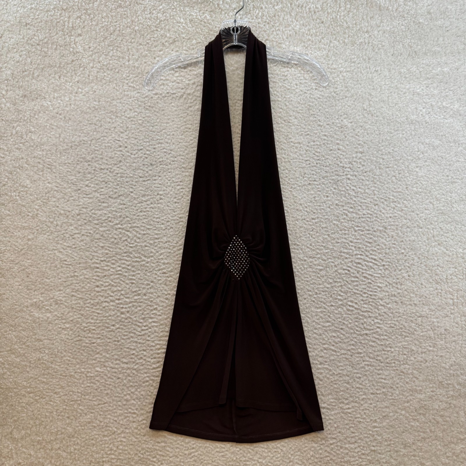 90s Y2K Vintage Halter Mini Dress Medium Brown Plunge Backless Rhinestone Gogo