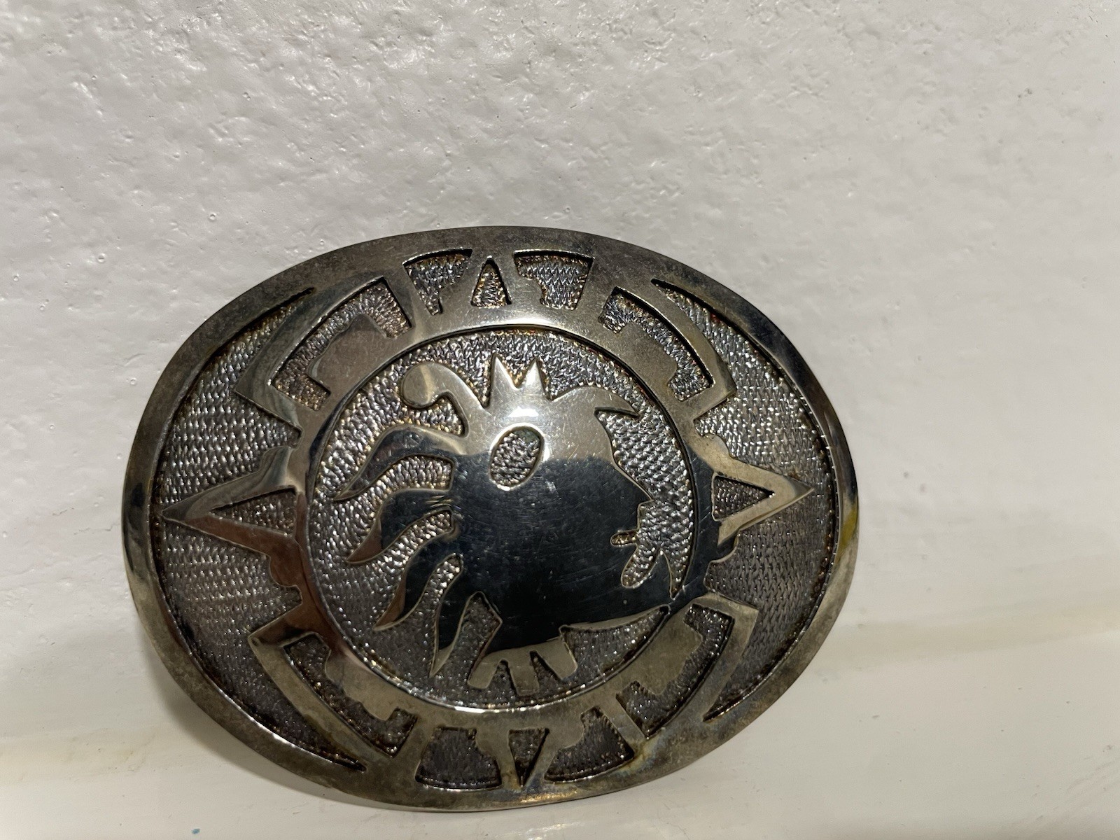 Mexico Oval Silver Tone Belt Buckle Southwest Western Sun or Aztec Warrior