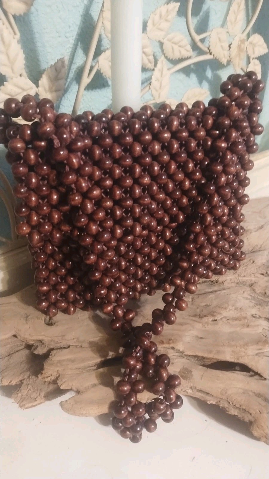 Vintage Sharonee Brown Wood Beaded Purse with A Zipper Closure. Made In Japan