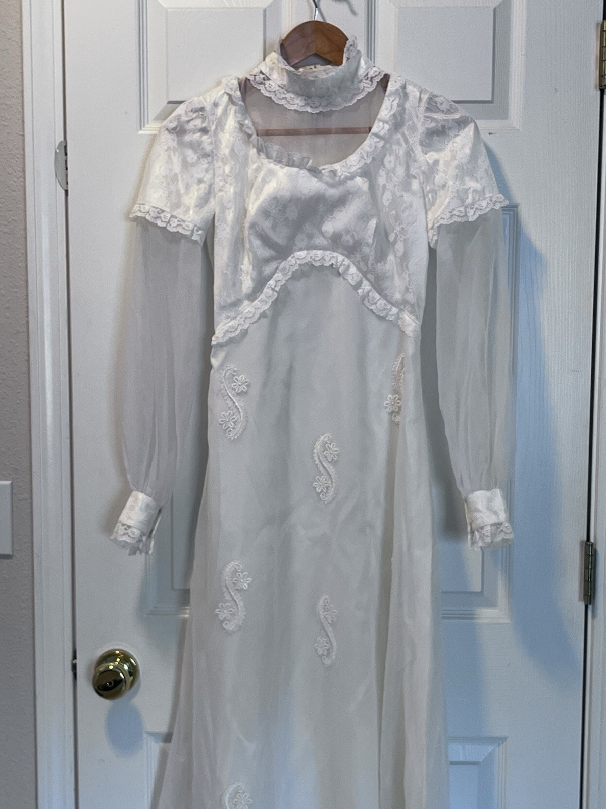 Vintage Bridal Gown High Neck Lace And Sheer Bishop Sleeve