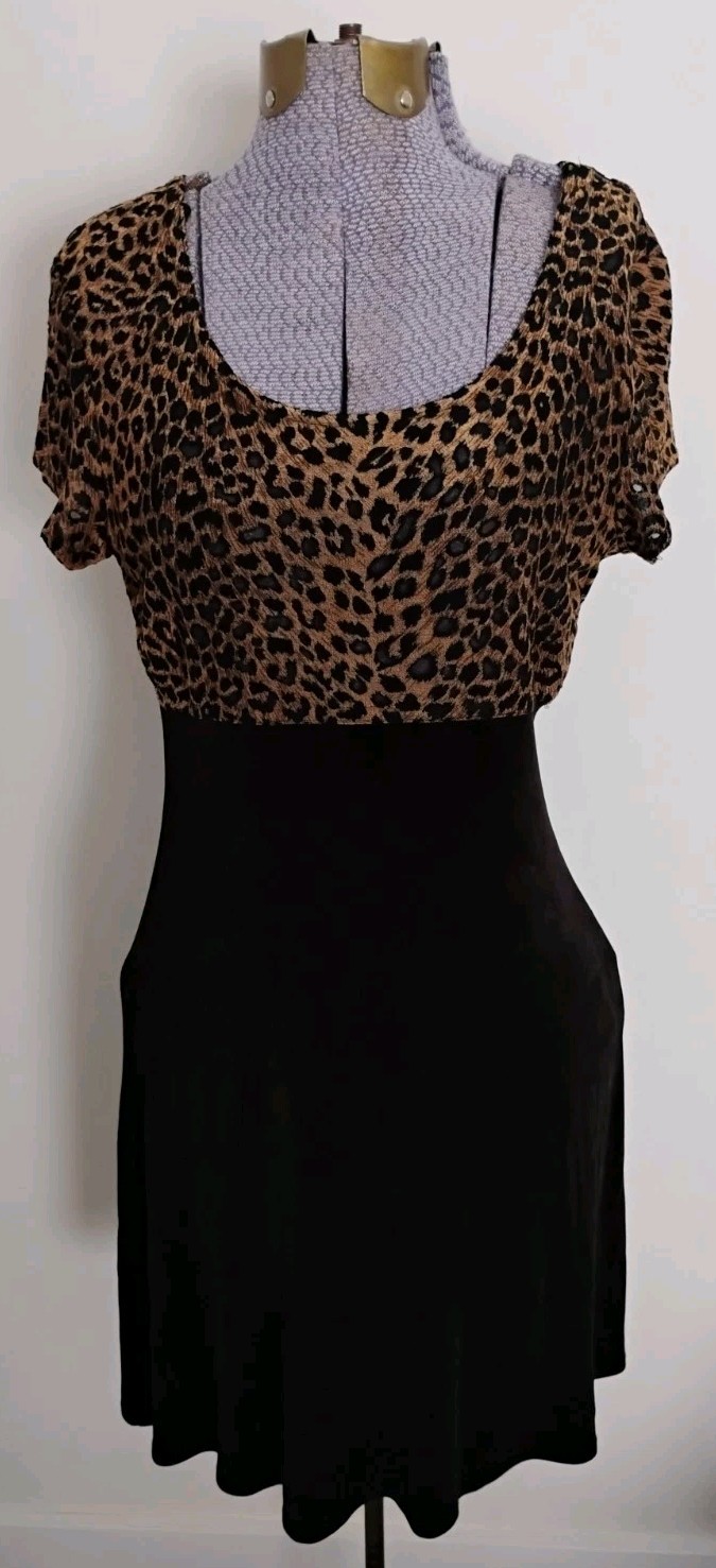 Vtg Gantos Mini Dress Woman’s Stretch Opaque Black Animal Print Fit & Flare XS/S