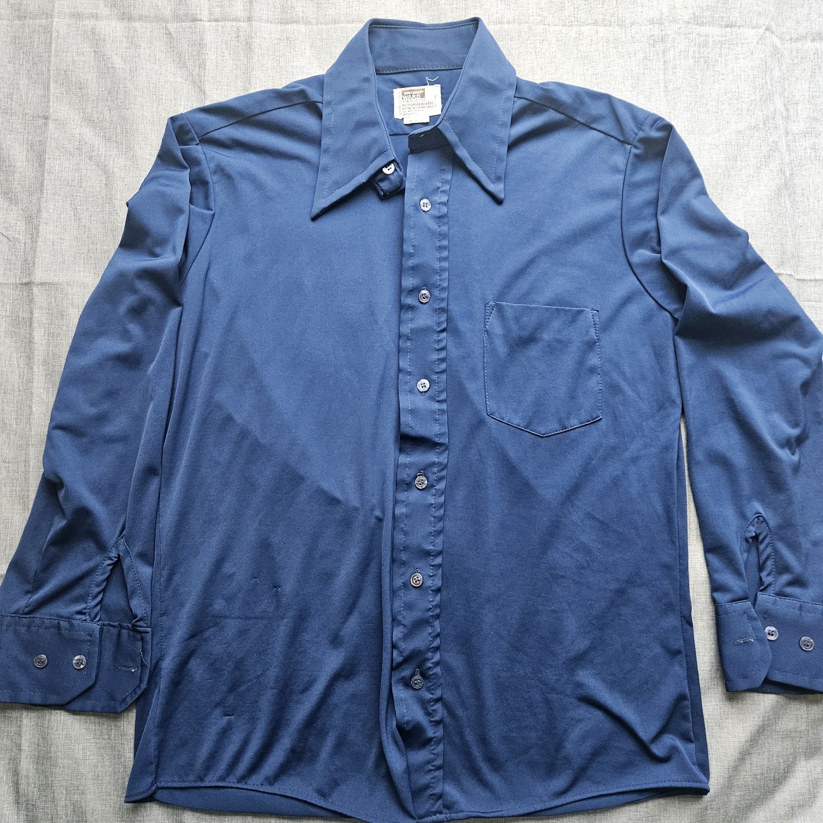 Vintage Montgomery Ward Mens 16 32/33 Blue Polyester Disco Dress Shirt 70s…