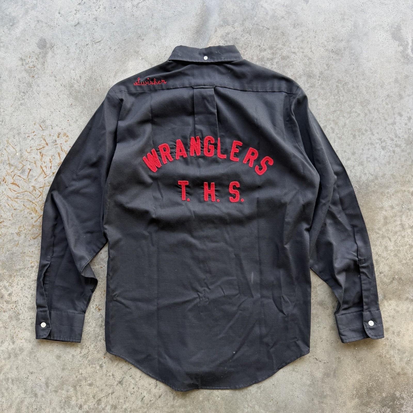 VTG 70s THS Wranglers Black & Red Chainstitch Shirt Greg Swisher Size L USA Made
