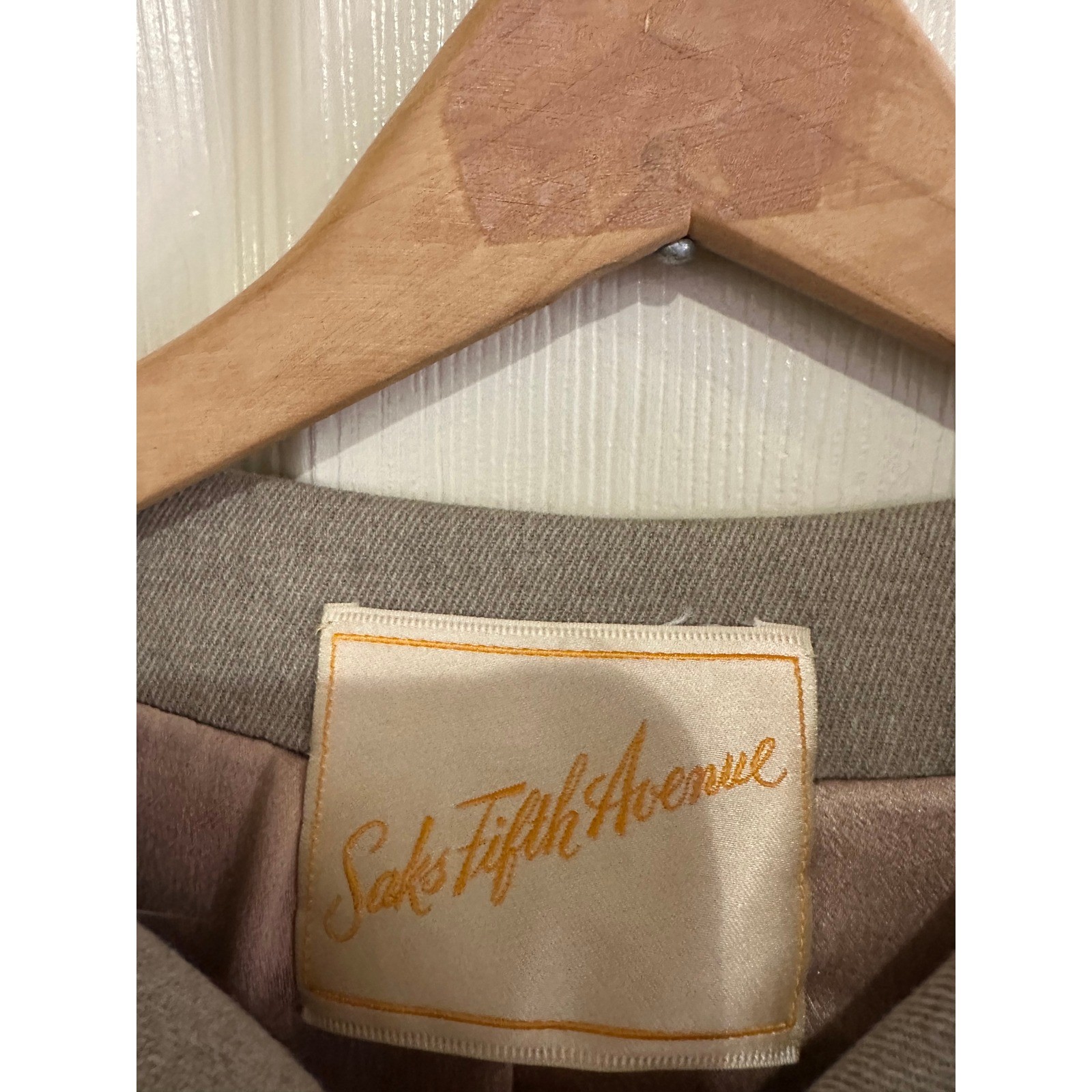Vintage Saks Fifth Avenue Wool Coat Fur Trim Collar Hem Gold Button Taupe Grey