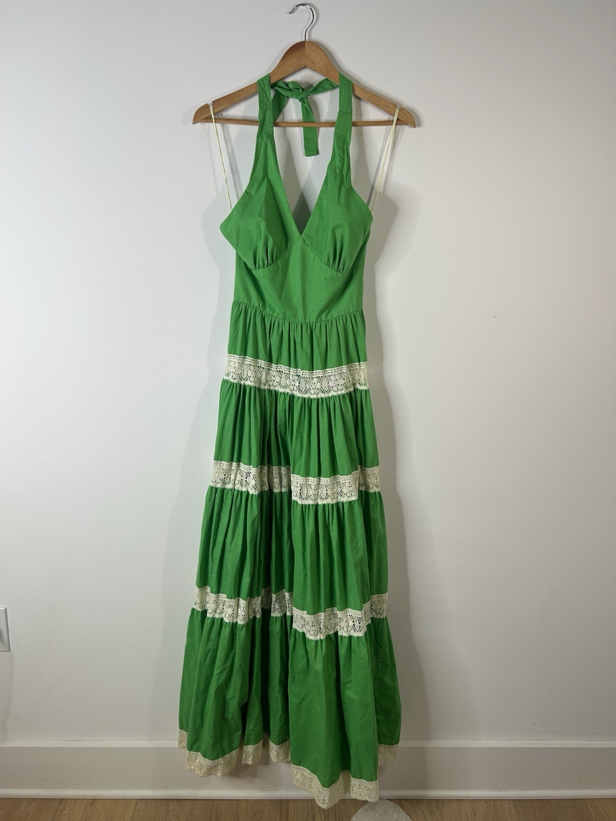 Vintage 1970’s Denise L Dress Women’s Green Halter Lace Maxi Everyday