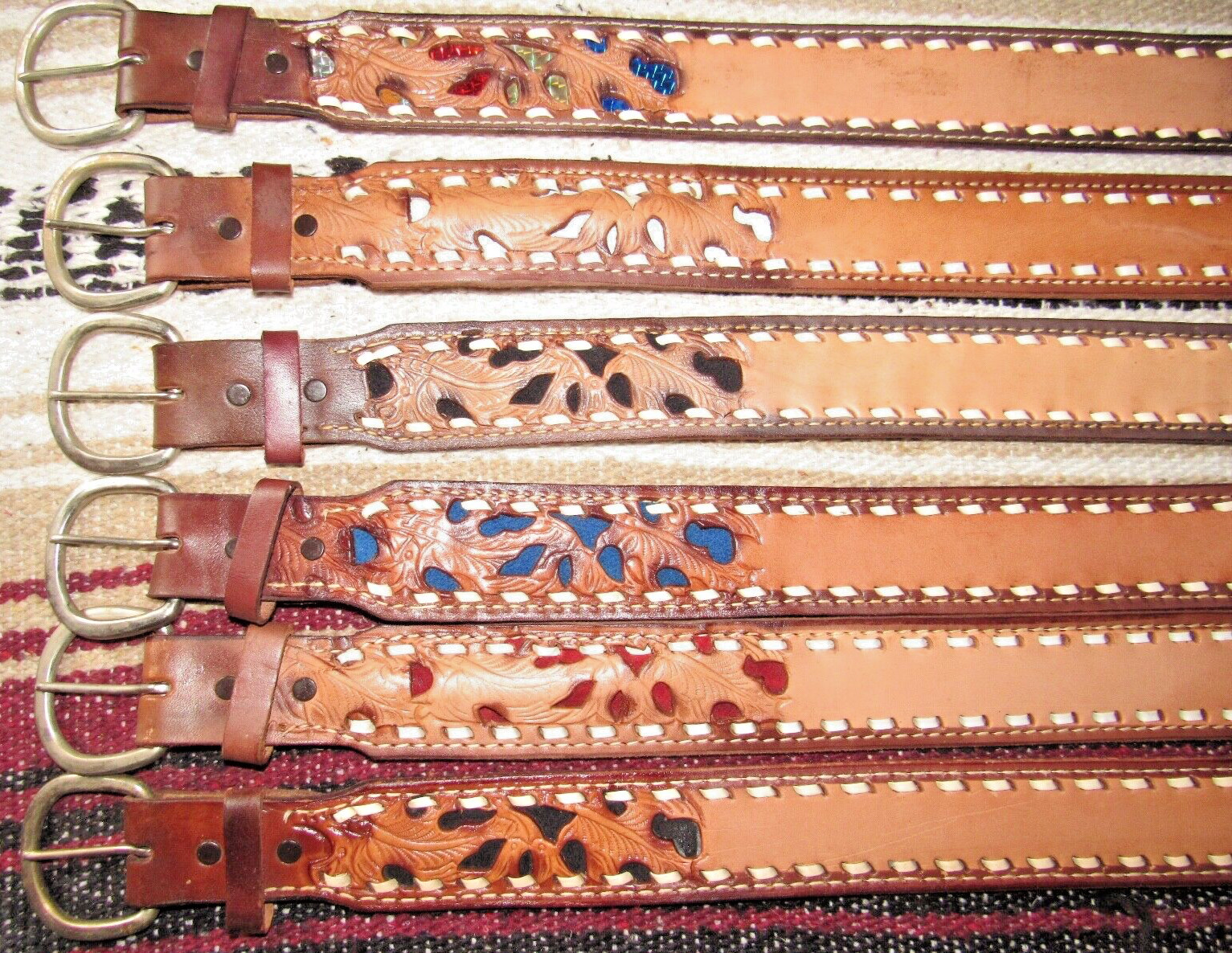 Vintage Western C&M Co Buckstitch Inlay Leather Belts 6 pc Size 28 NEW
