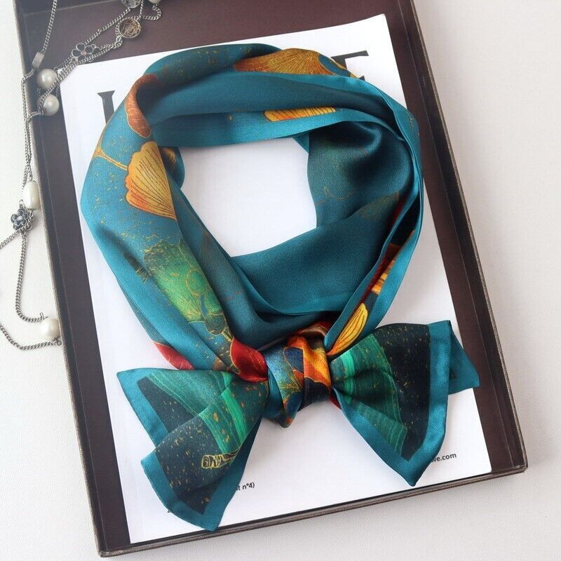 100% Mulberry Silk Shawl Leaves Print Double Layer Neck Oblong Scarf Turquoise