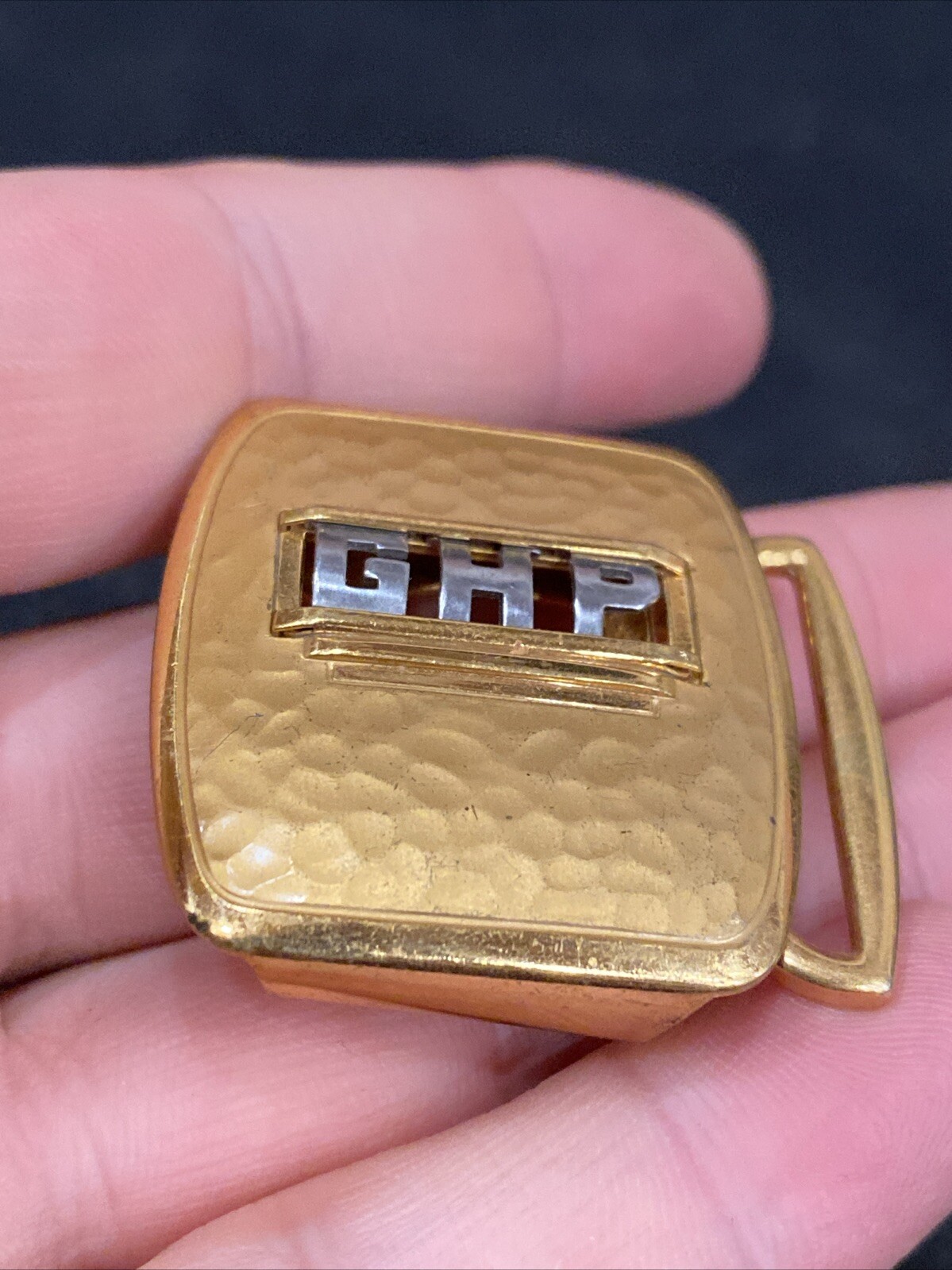 Vtg Art Deco Swank deluxe gold plate retro belt buckle Hammered Bronze GHP Mono
