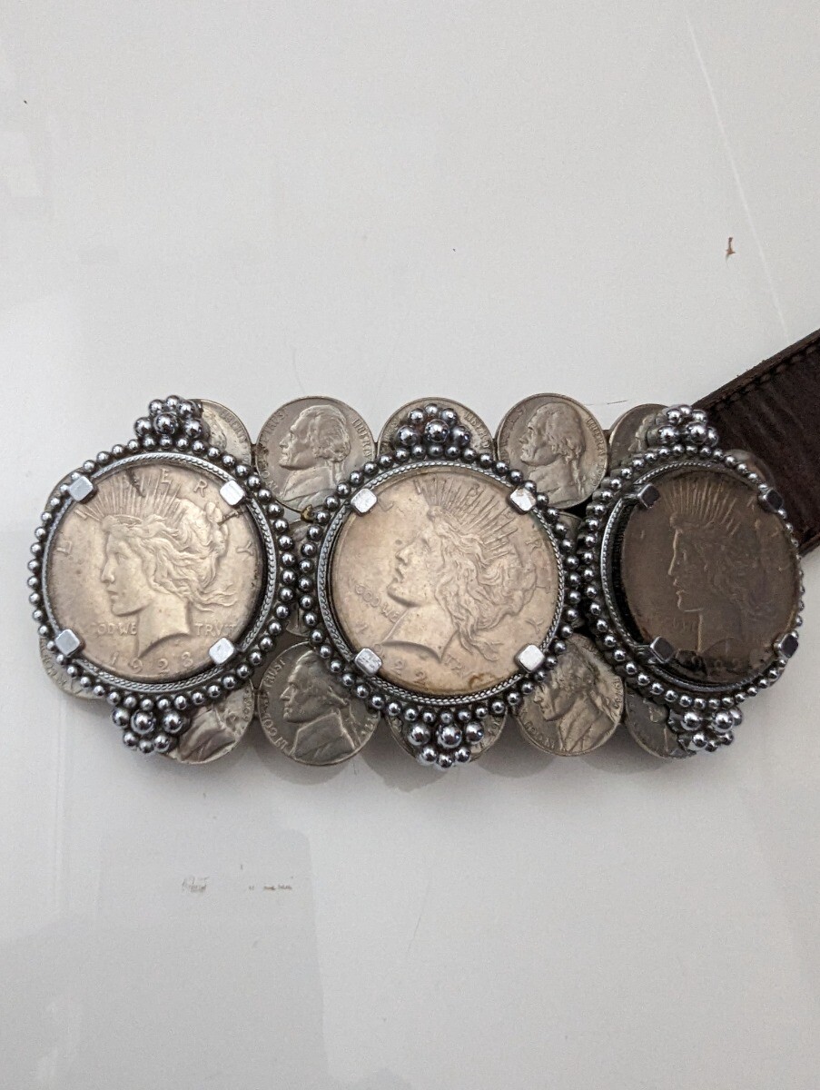 Silver Peace Dollar Belt Buckle and Leather Belt with Silver Accents 40 Inches