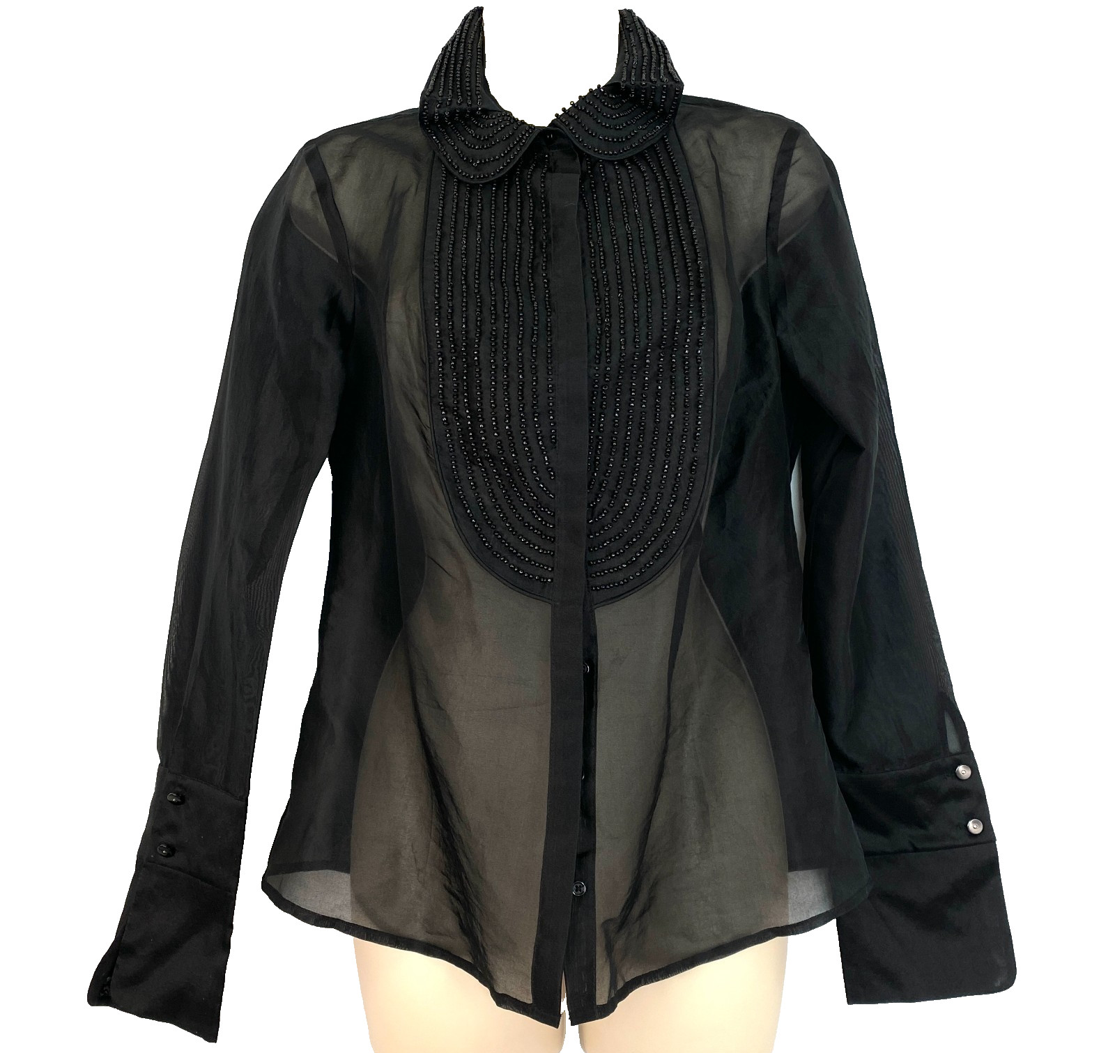 Vintage 1990s sheer silk beaded blouse M long sleeve tuxedo MODA INTERNATIONAL