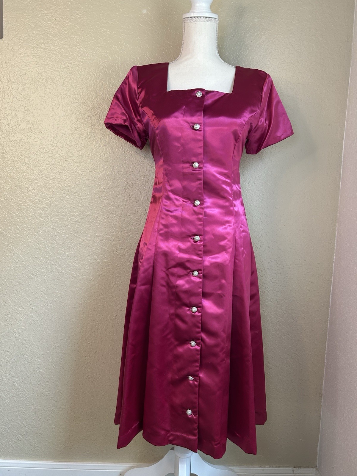Vintage Handmade Fuschia Satin 1960s Midi Dress With Adjustable Bow Tie Cinch