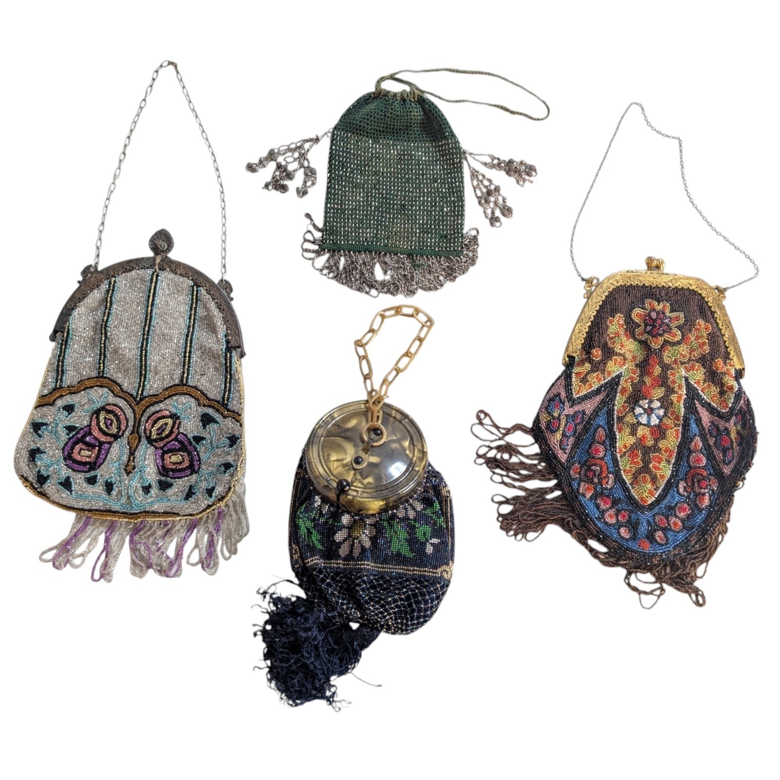 Vtg Art Deco Micro Beaded Purse Bag Daisy Victorian Lot 4 Celluloid Glass Pastel