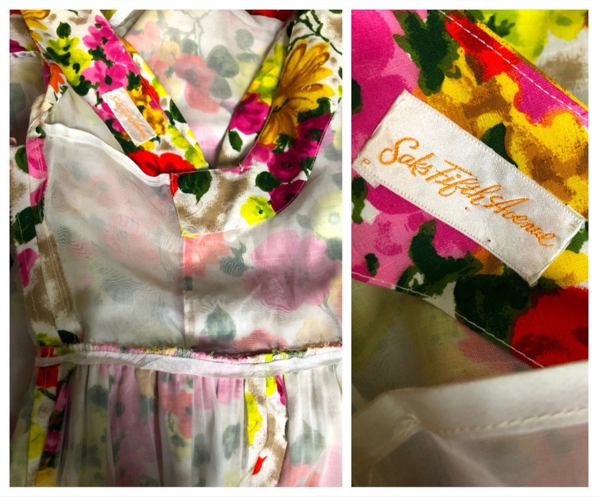 Vintage Early 1960’s SAKS FIFTH AVE Bright Floral Cotton Linen Dress XS Small