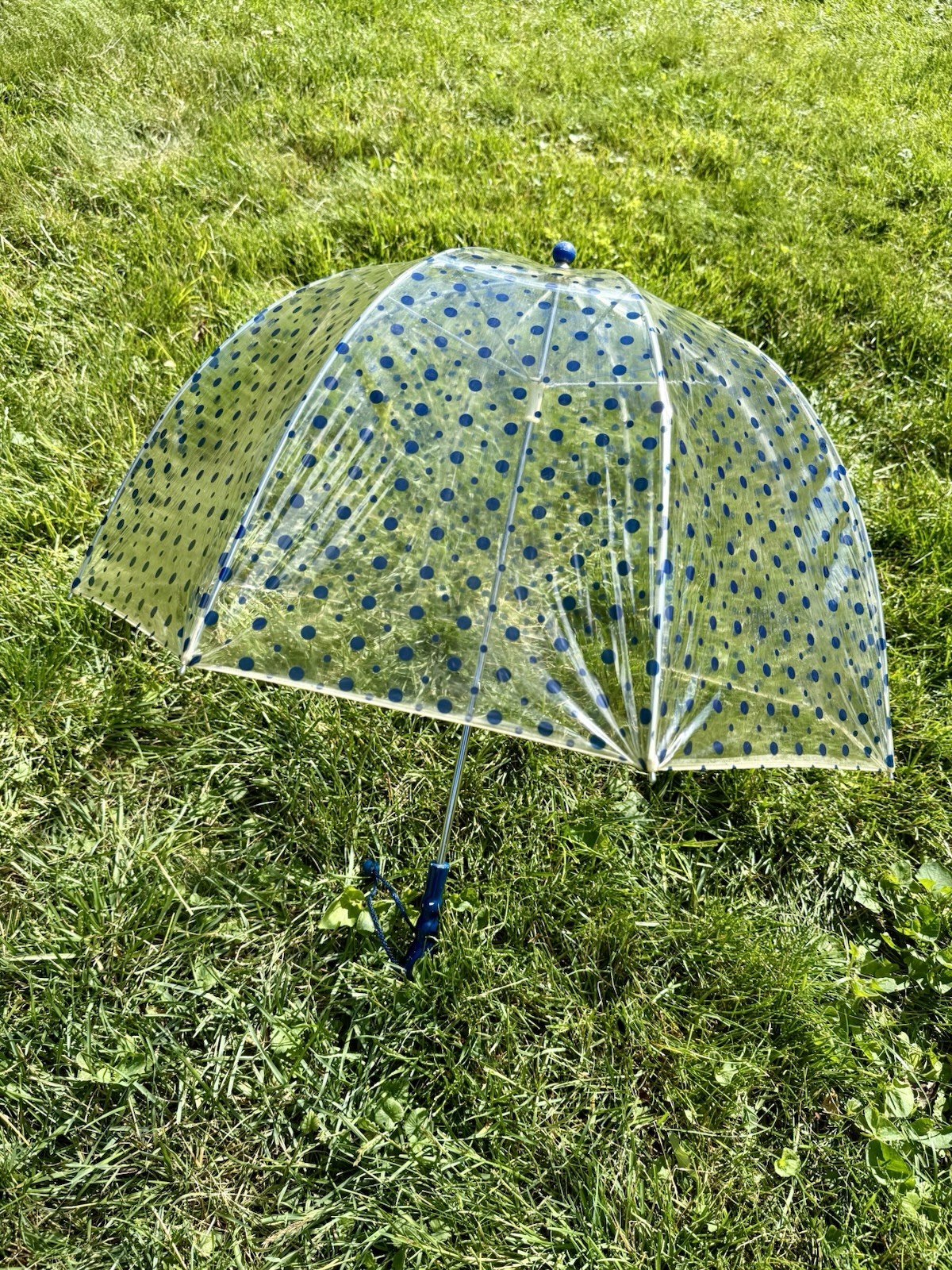 Vintage 60s Mod Clear Blue Polkadot Vinyl Bubble Top Umbrella