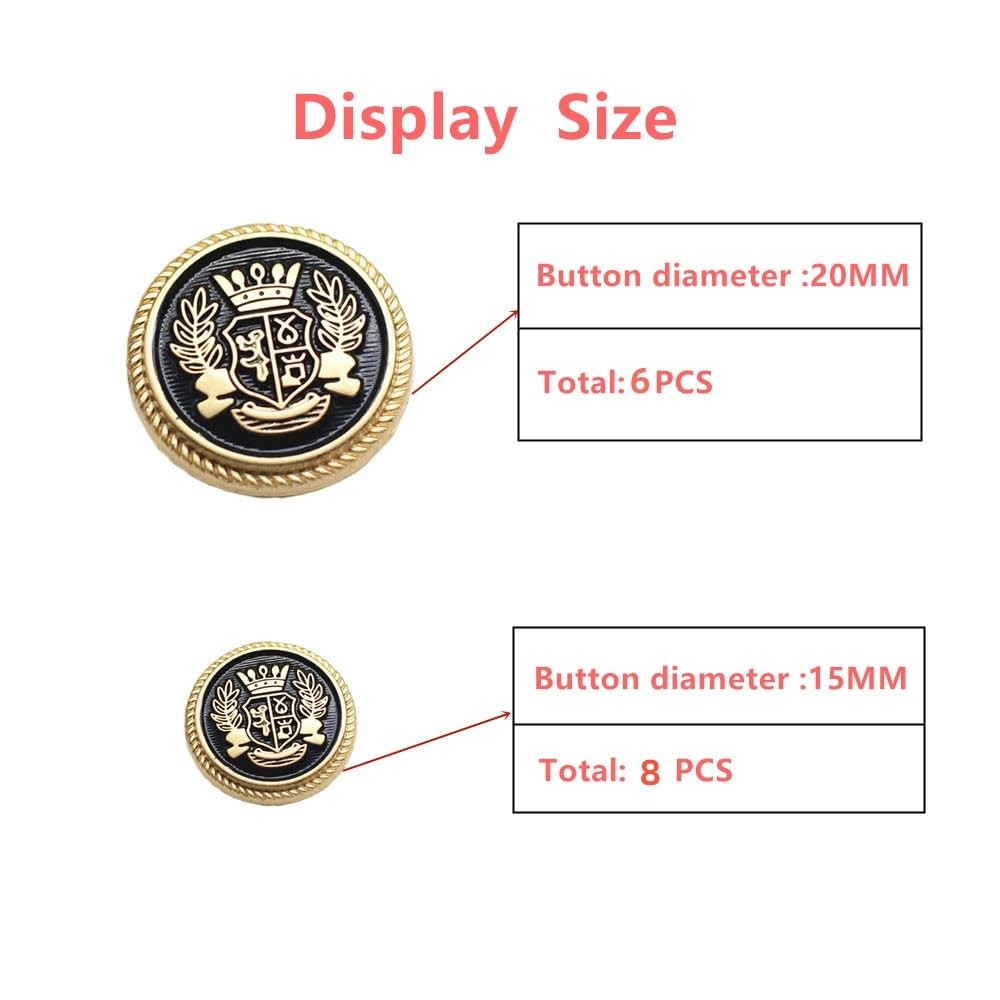 MebuZip 14 Pieces Black Gold Metal Blazer Button Set 15mm,20mm,