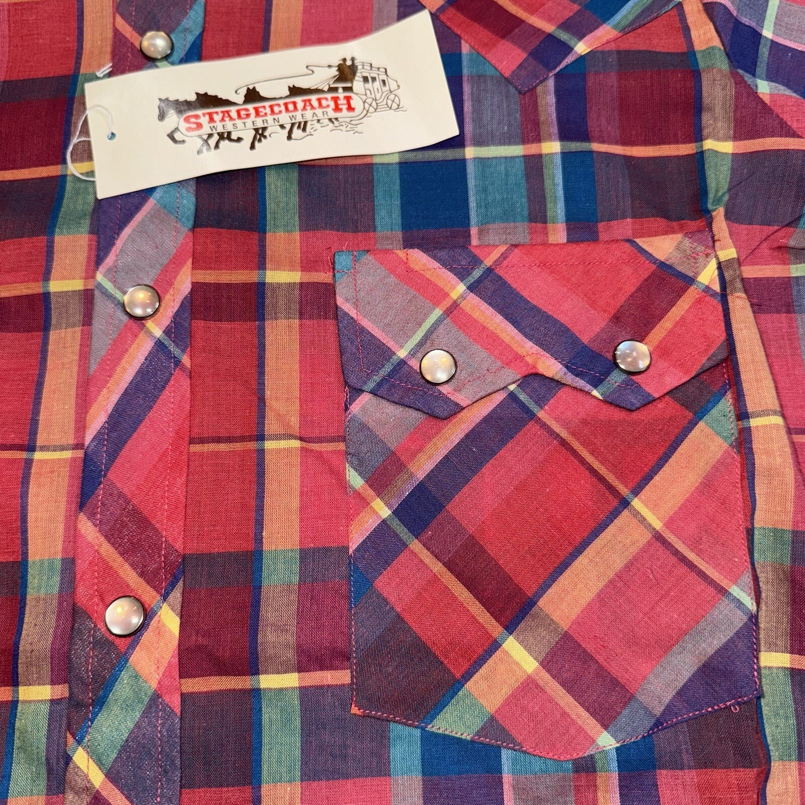 Vtg 70s Stagecoach Shirt Western Plaid Pearl Snap Deadstock NOS New Mens Small