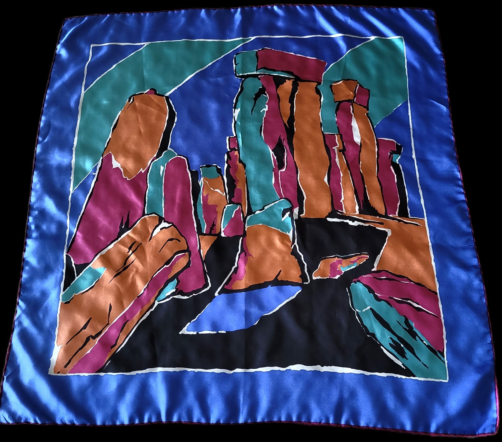 VTG 60s 70s ́ Abstract “Stonehenge” Silk Twill Quality Scarf, English Heritage
