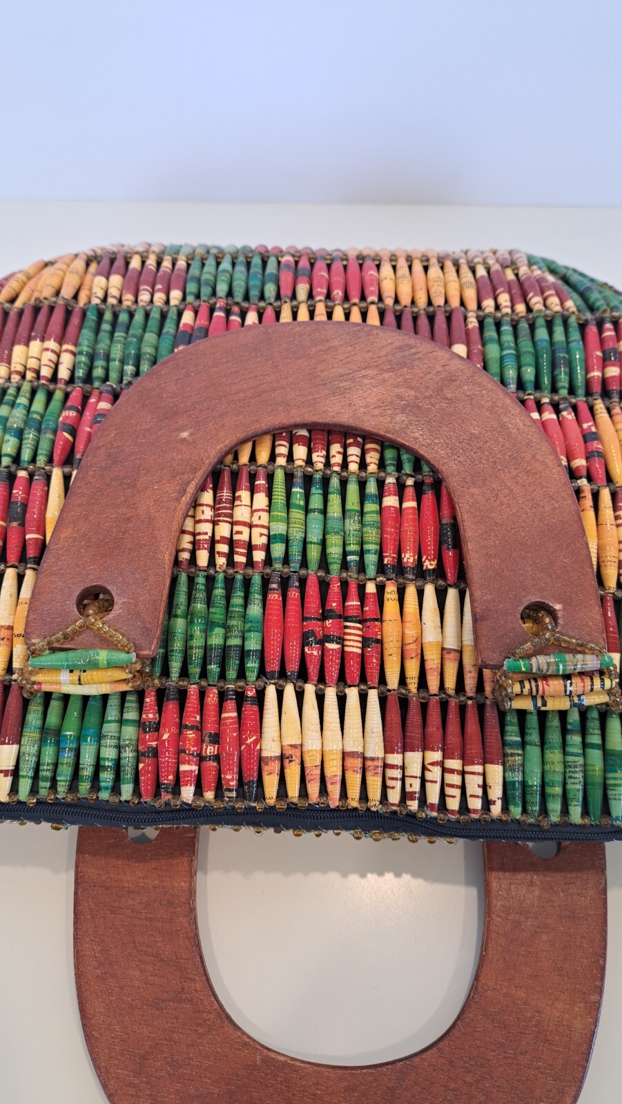 Novelty 1960’s , Recycled Statement Beaded Handbag, Wooden Handles, Zip Closure