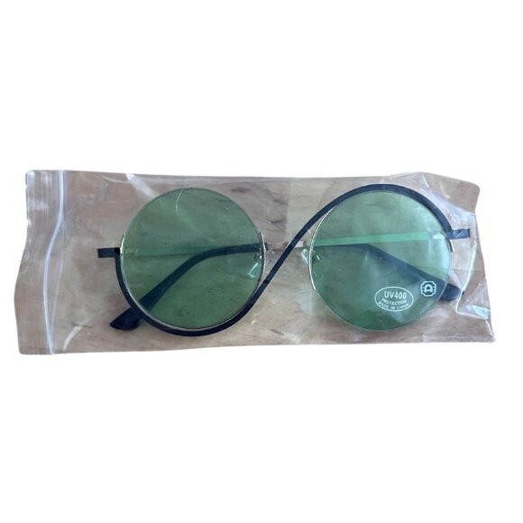 Round Green Lens Sunglasses Gold Metal Frame 100% UV400 Protection