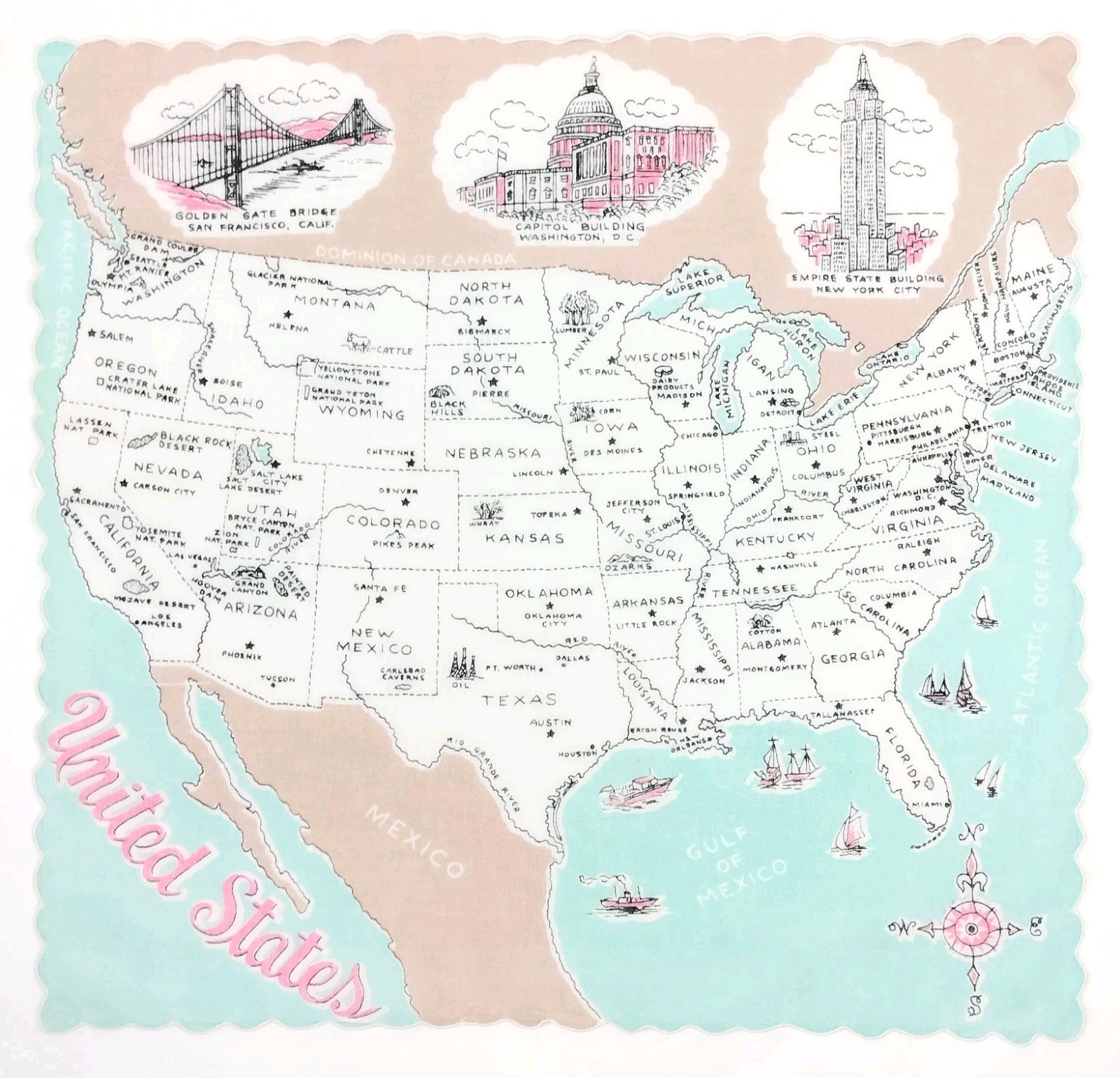 Vtg 50s Franshaw United States Map 48 States Hankie Travel Souvenir Blue Pink