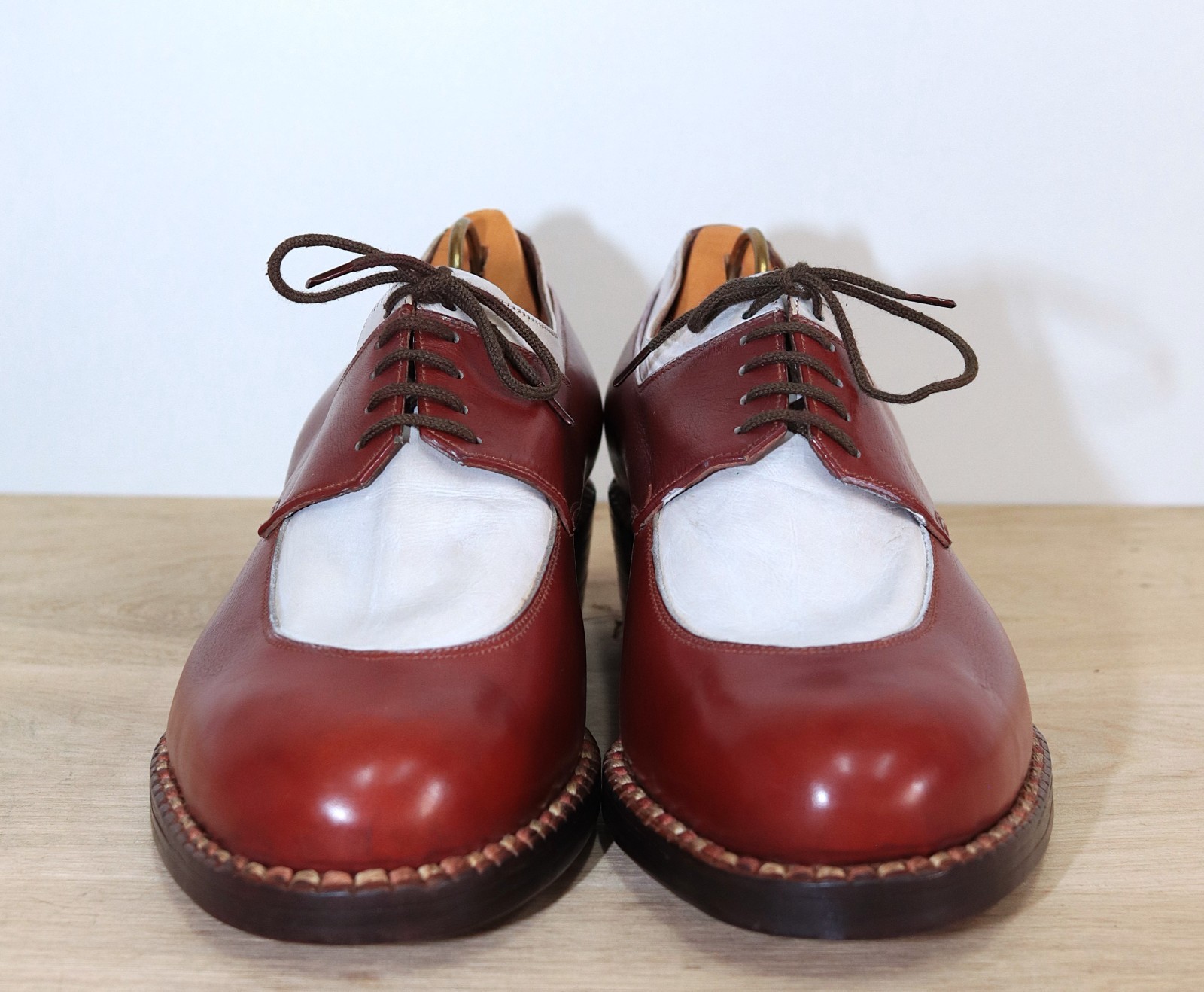 New 1940s French Bicolor Leather Women’s Derby Shoes 37FR 5,5US Made in France