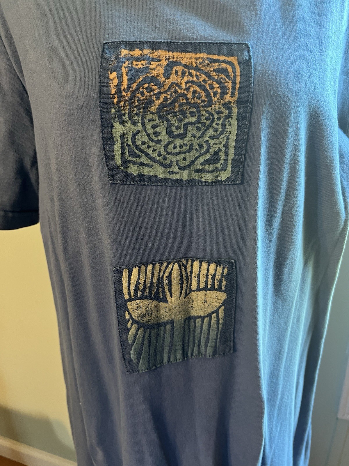 Vintage Blue Cactus Dress 90s Y2K 100% Cotton Linen Large Painted Graphic