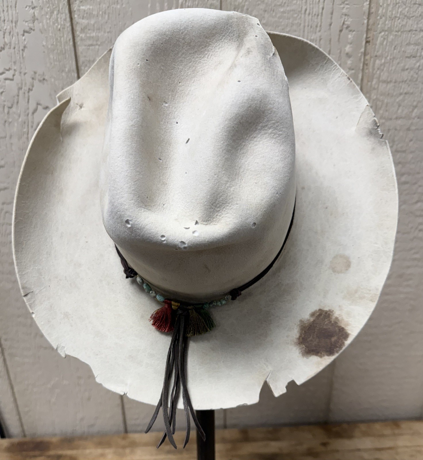 OOAK Vintage Artist Made Pearl Felt Cowboy Hat 22″ Inch Magnolia Boho Grunge
