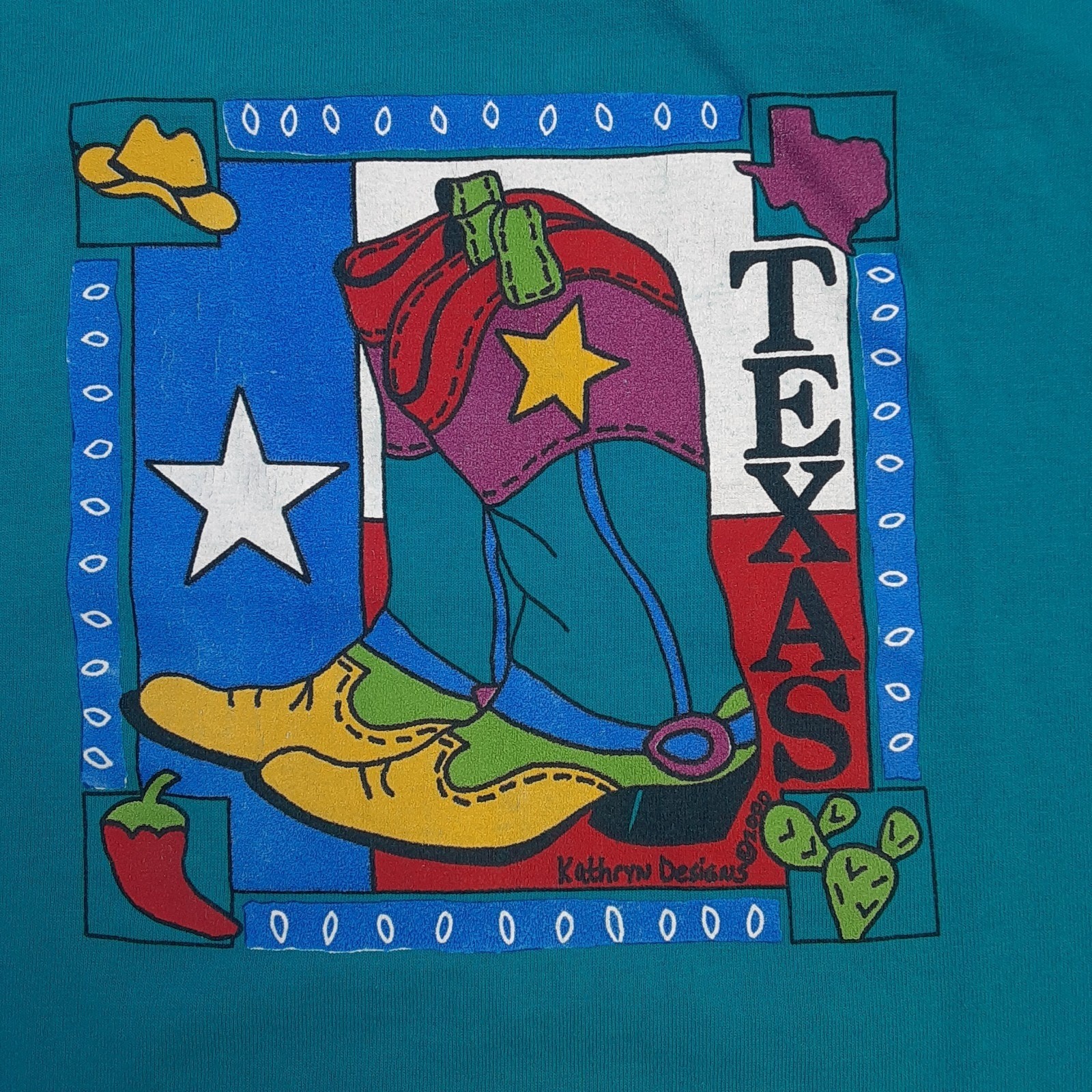 Vintage Y2K 2000 Kathryn Designs Texas Cowboy Boots T Shirt Size Large Blue READ