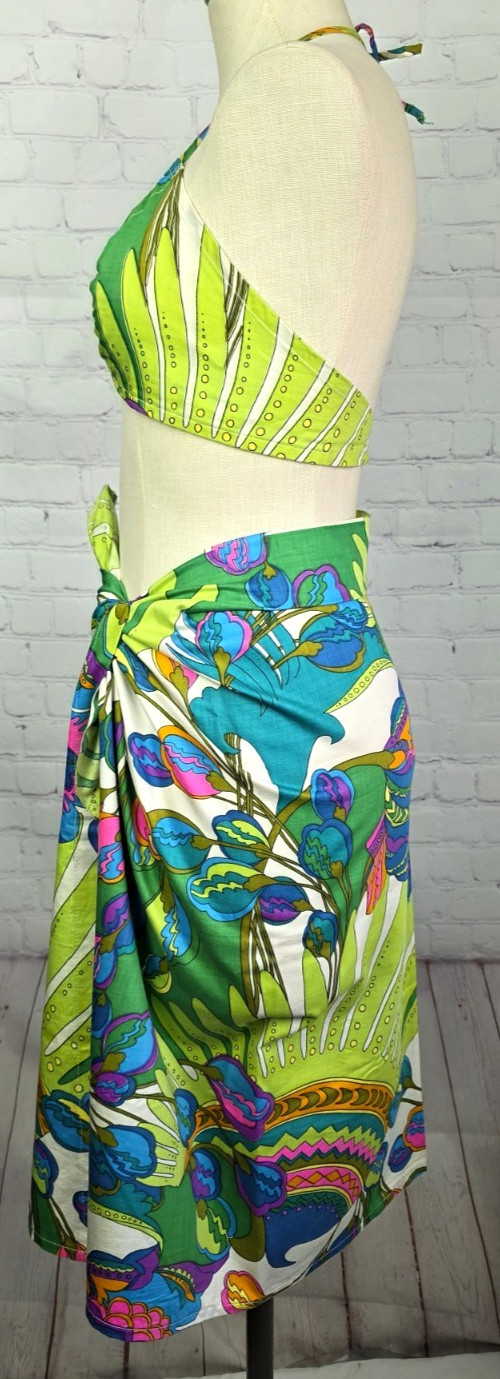 Vintage 70’s Bikini Top And Sarong Handmade Tropical Neon Festival Beachy Hippie