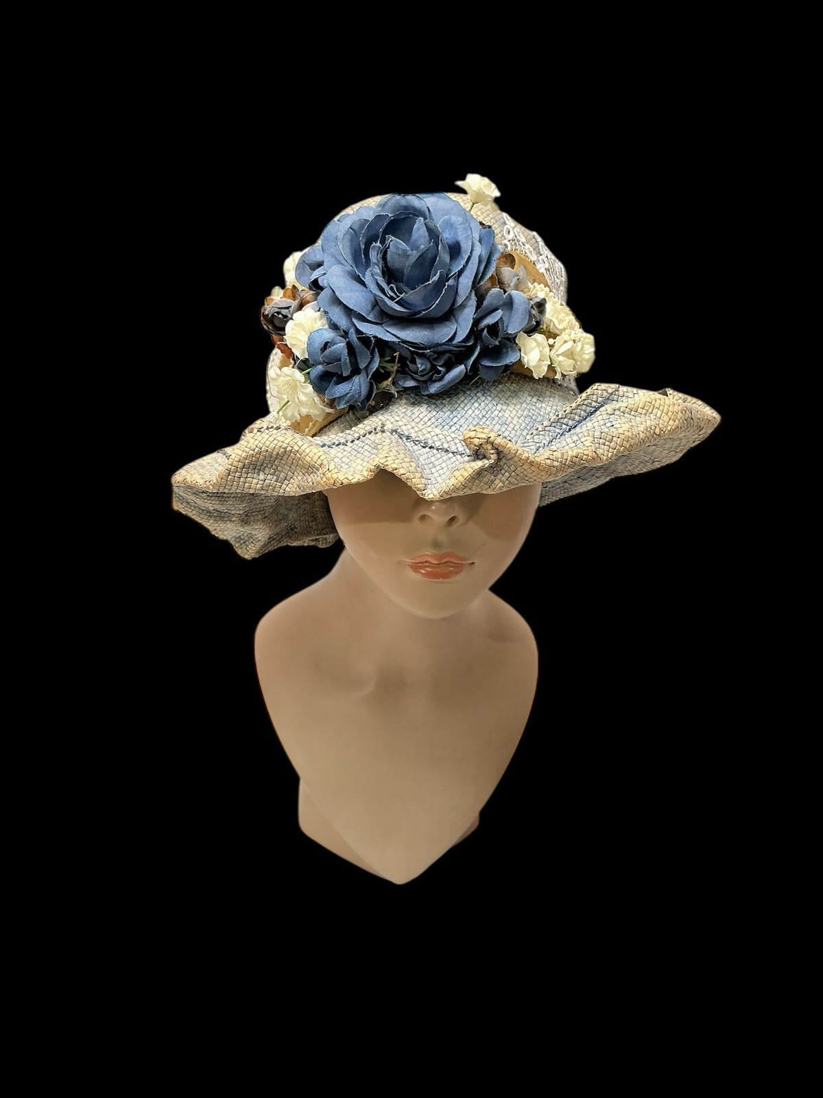 Floral Trim Cloche Hat Lace Ribbon Ruffled Brim Garden Party Costume ~22