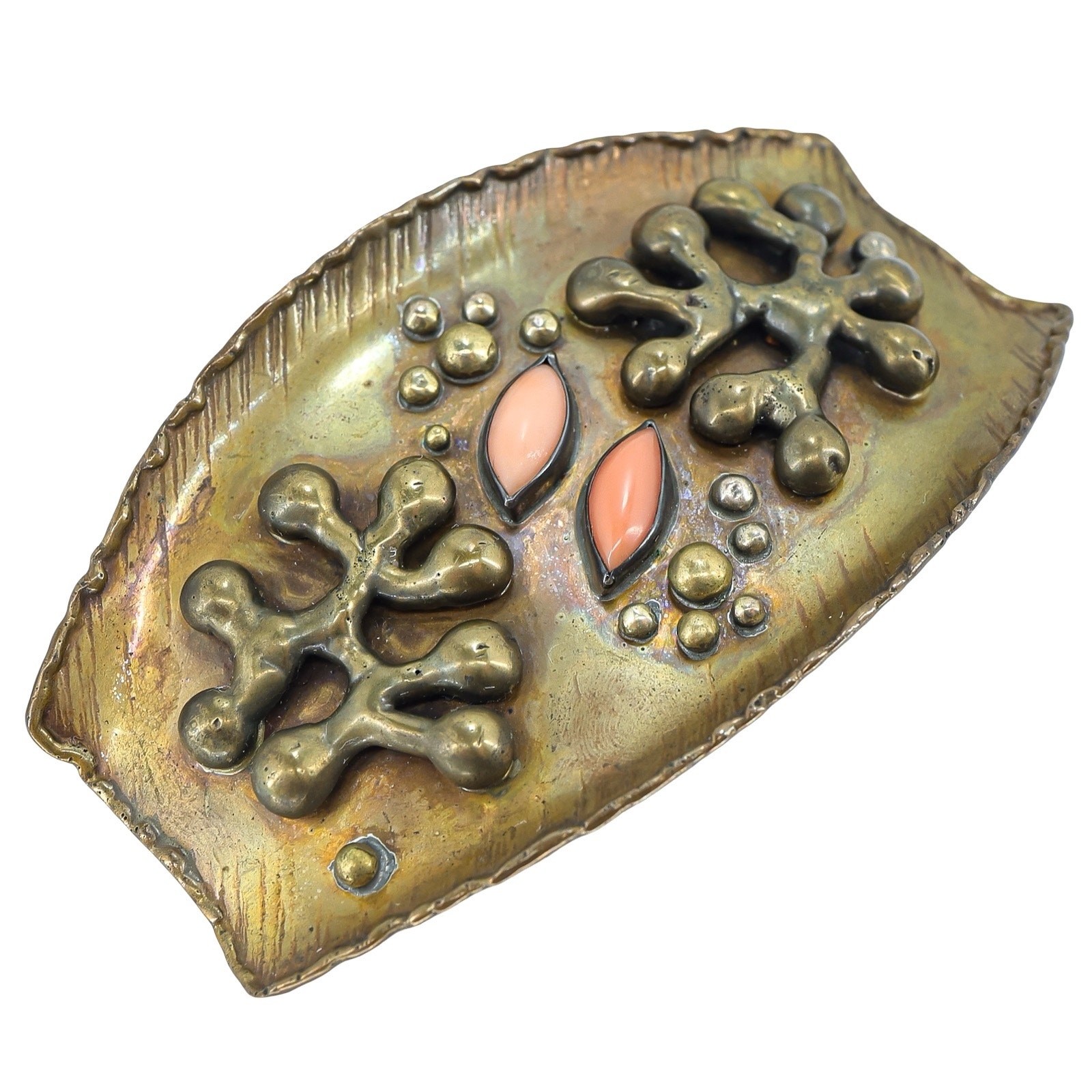 Vintage Signed Wolf Dosch Brutalist Modernist Brass Hair Barrette W Coral Cabs