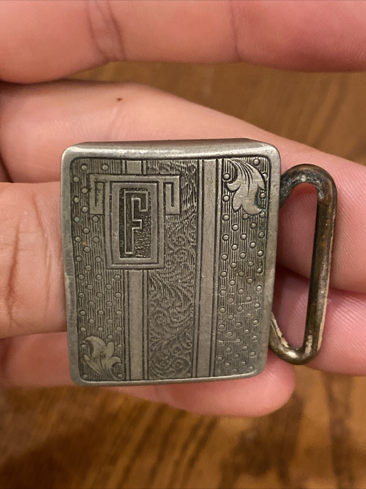 Antique SILVER PLATED PATD BELT BUCKLE LEAF MOTIF Fine Details Art Deco Mono F
