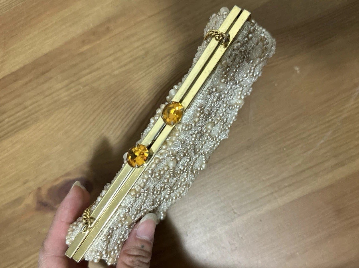 Vintage 1950s Jolles White and Cream Beaded Clutch w/ Gold Strap & Yellow Stones
