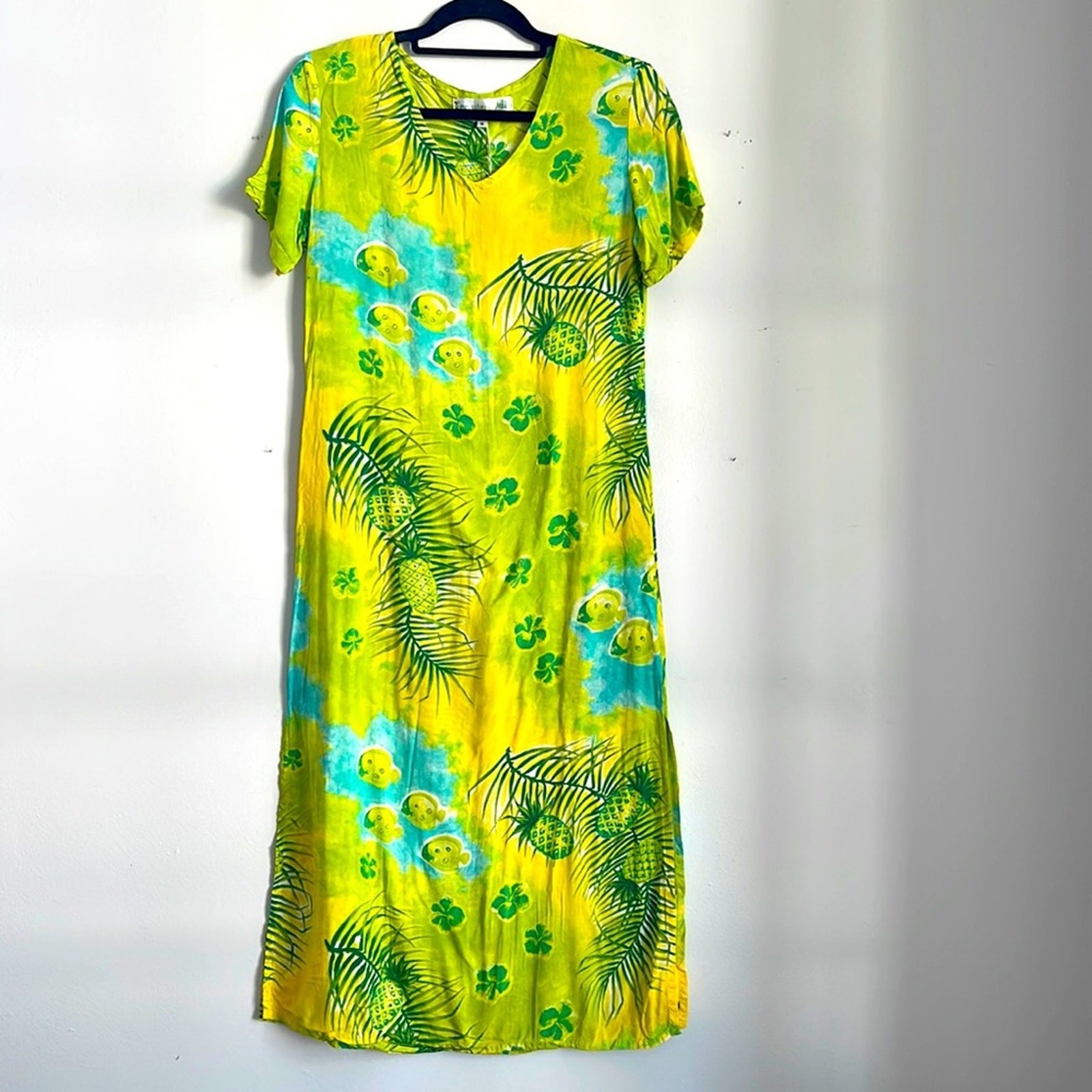Vintage Tropical Mi Hawaiian Aloha fish print short sleeve maxi midi dress S