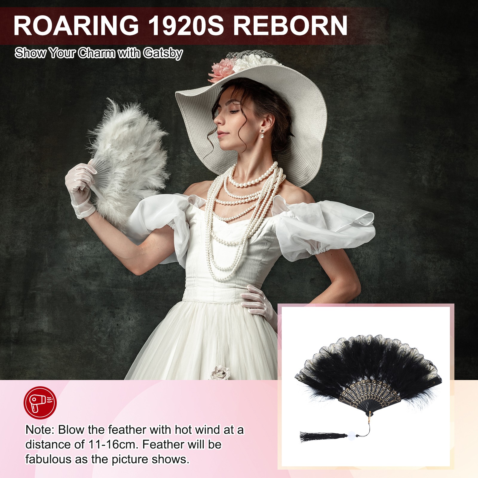 Embroidered Flower Marabou Feather Fan compatible with Costume Party, Black