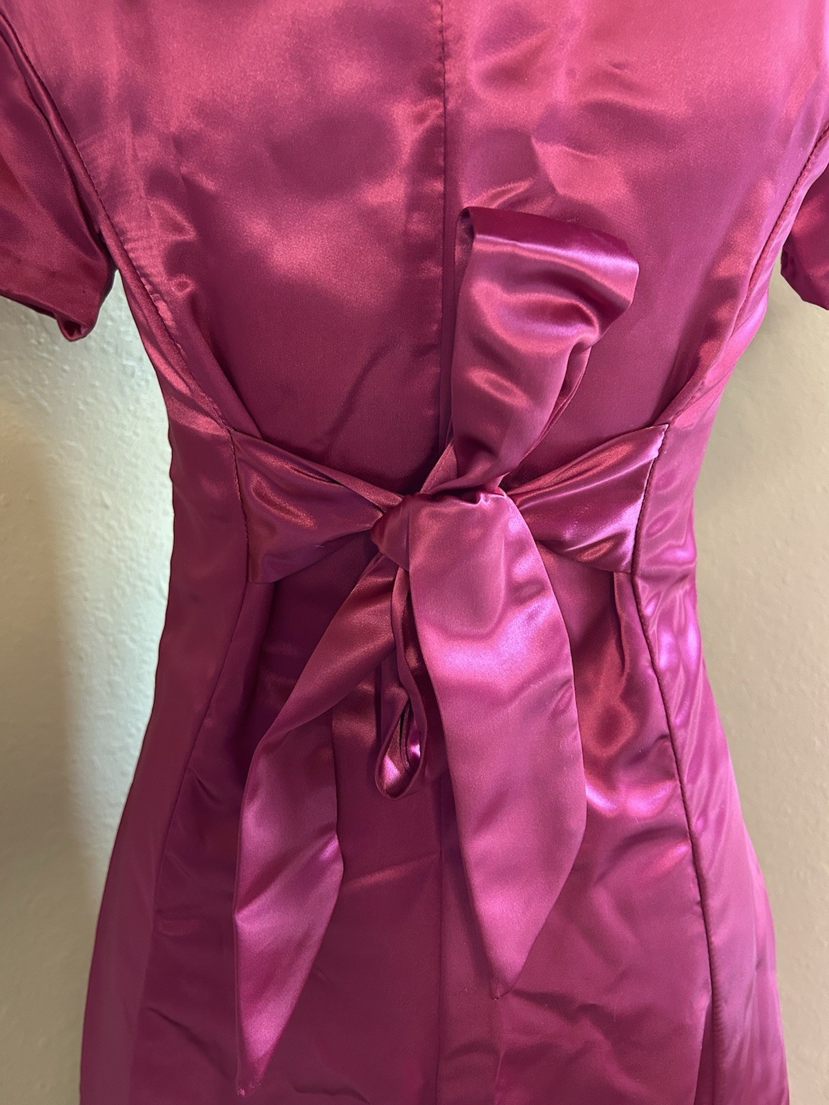 Vintage Handmade Fuschia Satin 1960s Midi Dress With Adjustable Bow Tie Cinch