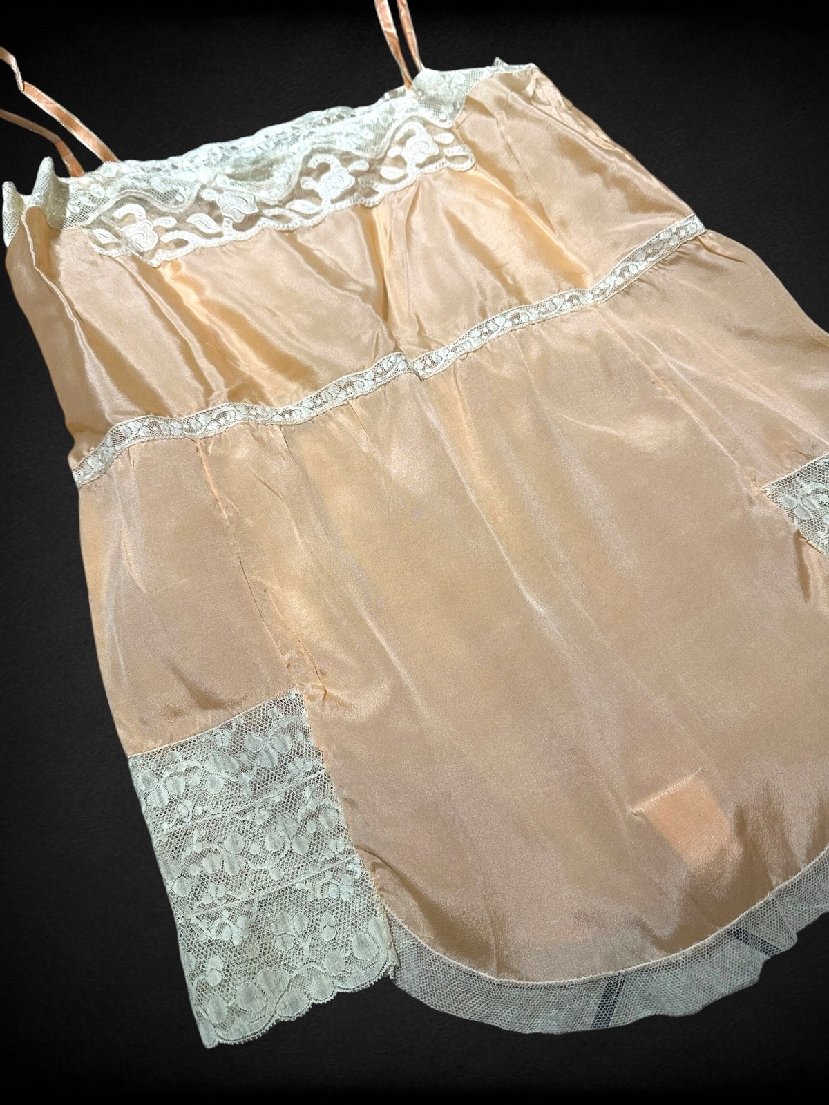 Vintage 1920s Peach Satin Step-In Teddy Camiknicker Lace Boudoir Lingerie Sz 40