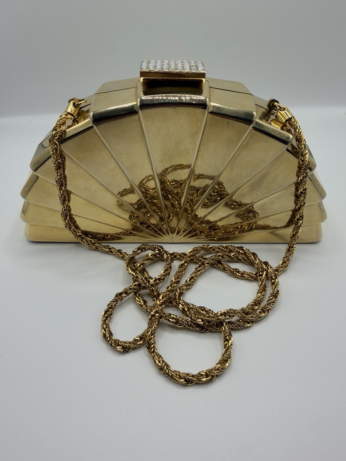 Vintage Italy for Burdines Gold Metal Fan Clutch Art Deco Evening Bag Purse
